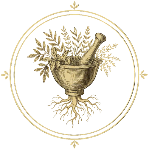Vintage-style illustration of a mortar and pestle with herbs and roots on a black background.