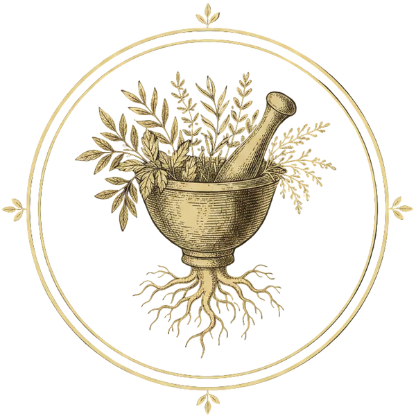 Vintage-style illustration of a mortar and pestle with herbs and roots on a black background.